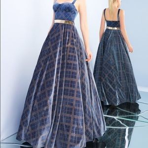 Blue velvet Ieena Macduggal ballgown.